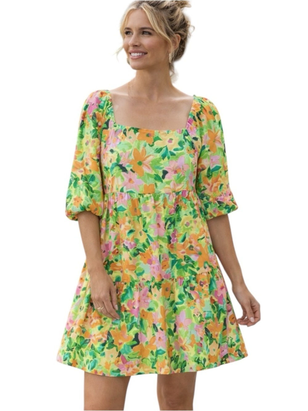 Sanctuary Weekender Babydoll Mini Bold Floral Dress 1/2 Sleeves Size Large